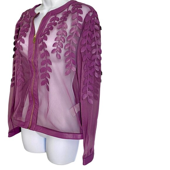 Colleen Lopez Purple Mesh Jacket Leaf Pattern and Faux Leather Women's XS NEW - Picture 5 of 13